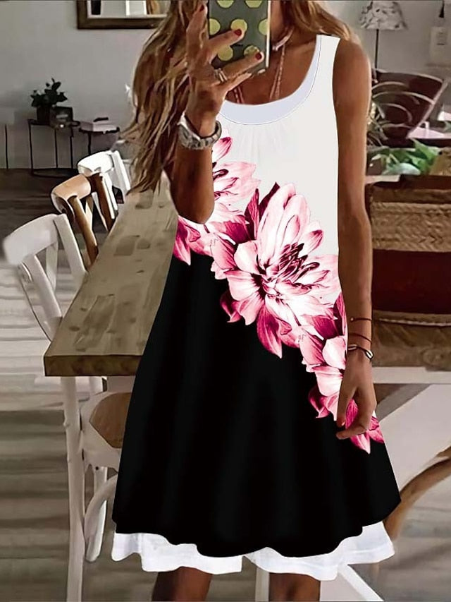 Women's Casual Dress Shift Dress Floral Dress Mini Dress White Pink Red Sleeveless Floral Fake two piece Summer Spring Crew Neck Basic Vacation 2023 S M L XL XXL 3XL 4XL 5XL - LuckyFash™