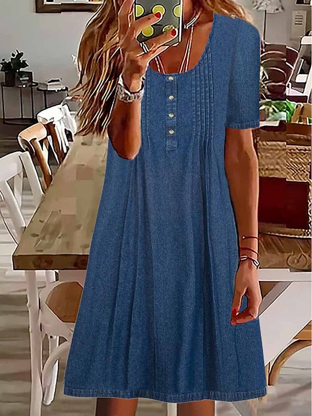 Women's Denim Dress Casual Dress Midi Dress Denim Basic Modern Outdoor Daily Crew Neck Button Short Sleeve Summer Spring 2023 Loose Fit Blue Plain S M L XL 2XL - LuckyFash™