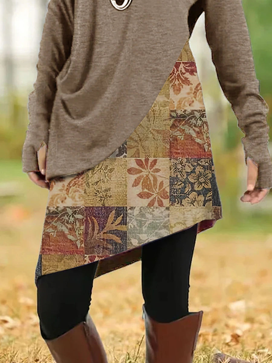 Women's Casual Dress Shift Dress Floral Leaf Patchwork Cowl Neck Mini Dress Vintage Ethnic Daily Long Sleeve Fall Winter
