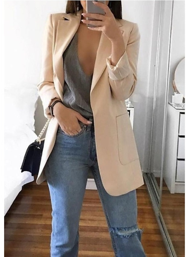 Women's Blazer Casual Pocket Clean Fit Formal Outdoor Daily Wear Polyester Spring Wine Green Black Open Front V Neck Regular Fit S M L XL XXL 3XL / Solid Color - LuckyFash™