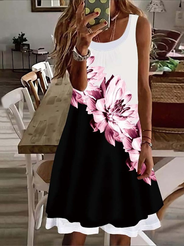 Women's Casual Dress Shift Dress Floral Dress Mini Dress White Pink Red Sleeveless Floral Fake two piece Summer Spring Crew Neck Basic Vacation 2023 S M L XL XXL 3XL 4XL 5XL - LuckyFash™