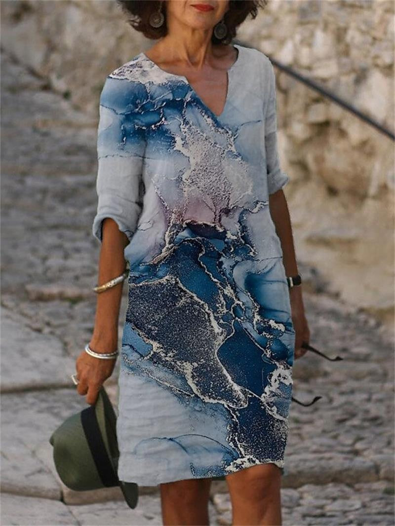 Women's Casual Dress Shift Dress Midi Dress fluorescent yellow khaki Half Sleeve Abstract Print Summer Spring V Neck Vintage 2023 S M L XL XXL XXXL 4XL 5XL