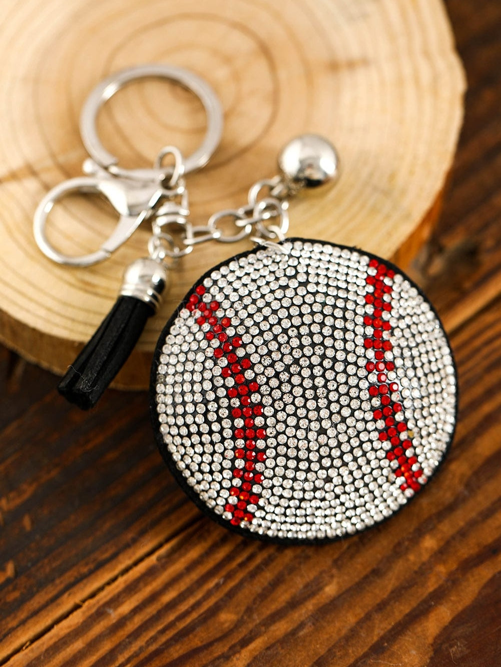Shiny Rhinestone Embellished Tassel Key Chain with Silver Ball Pendant