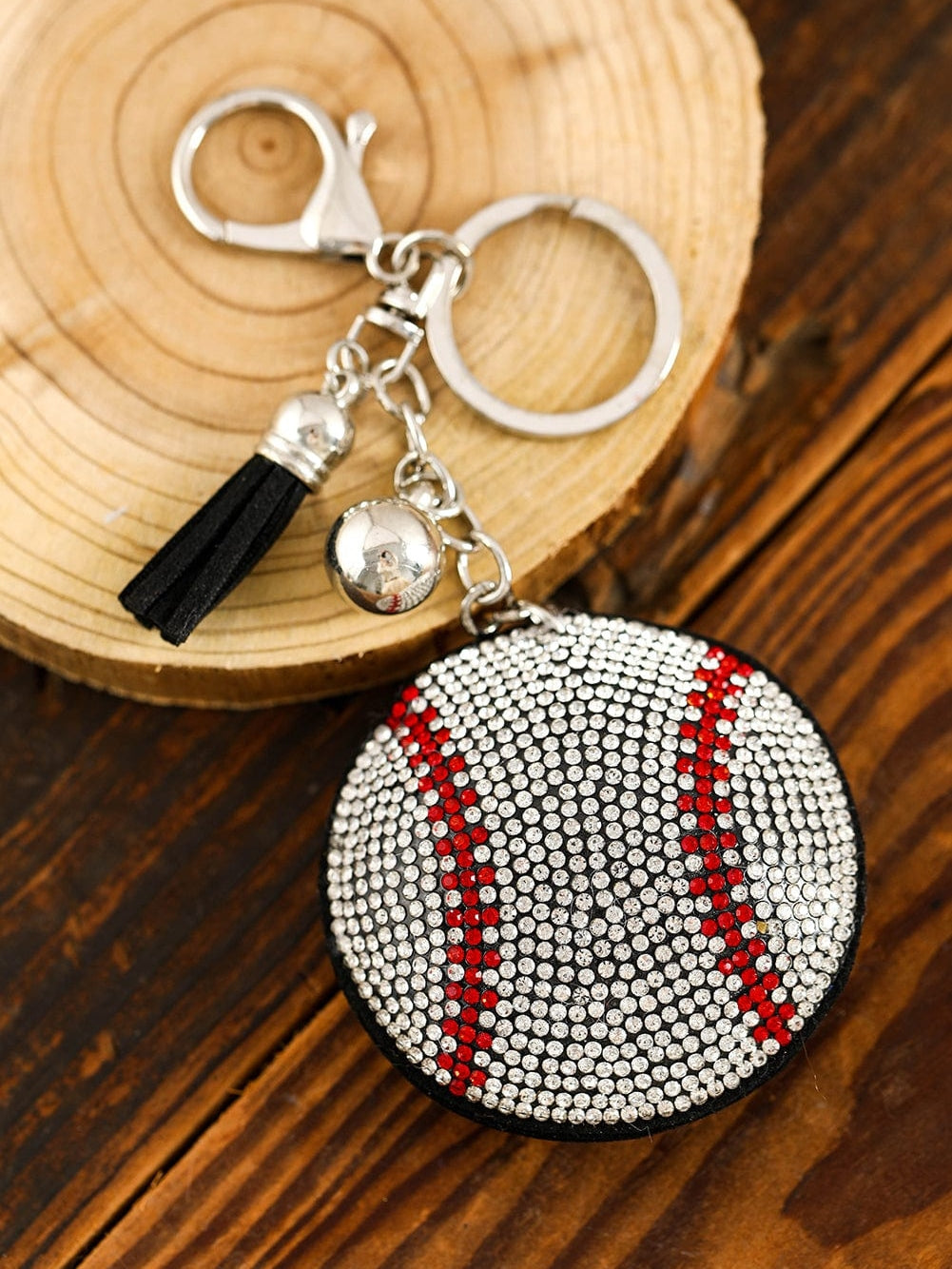 Shiny Rhinestone Embellished Tassel Key Chain with Silver Ball Pendant