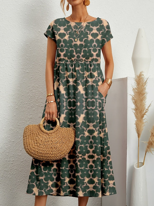 Women's Casual Dress Summer Dress Print Dress Floral Print Crew Neck Long Dress Maxi Dress Fashion Streetwear Outdoor Holiday Short Sleeve Regular Fit Yellow Red Blue Summer Spring S M L XL 2XL - LuckyFash™