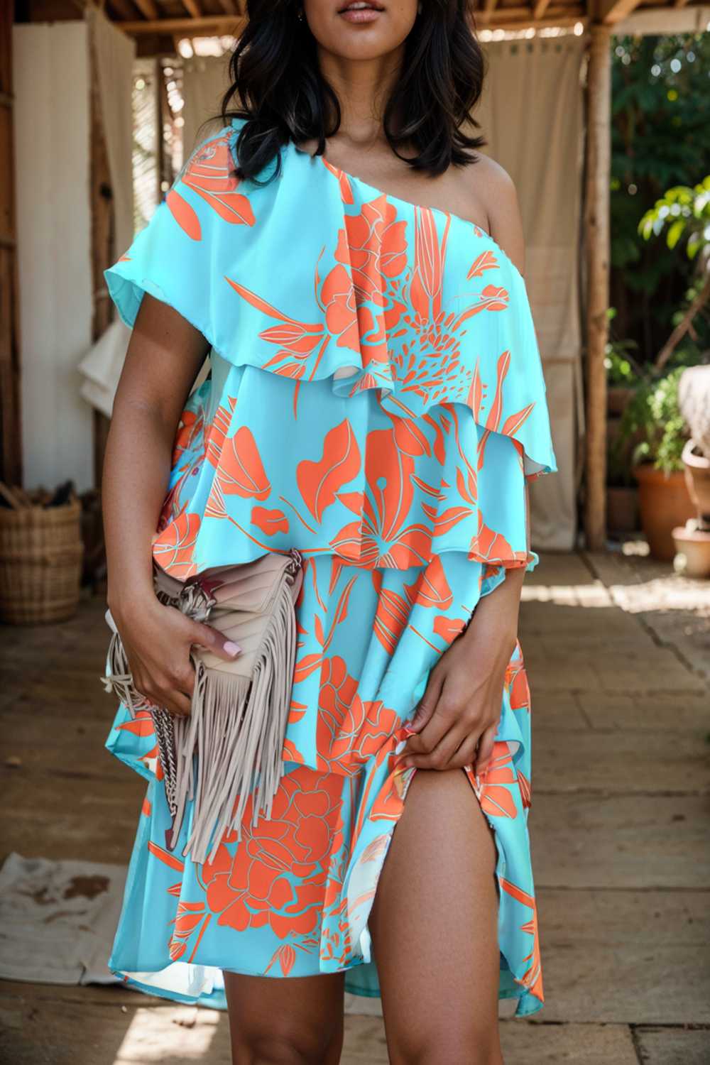 sloping shoulder ruffle print dress 107605