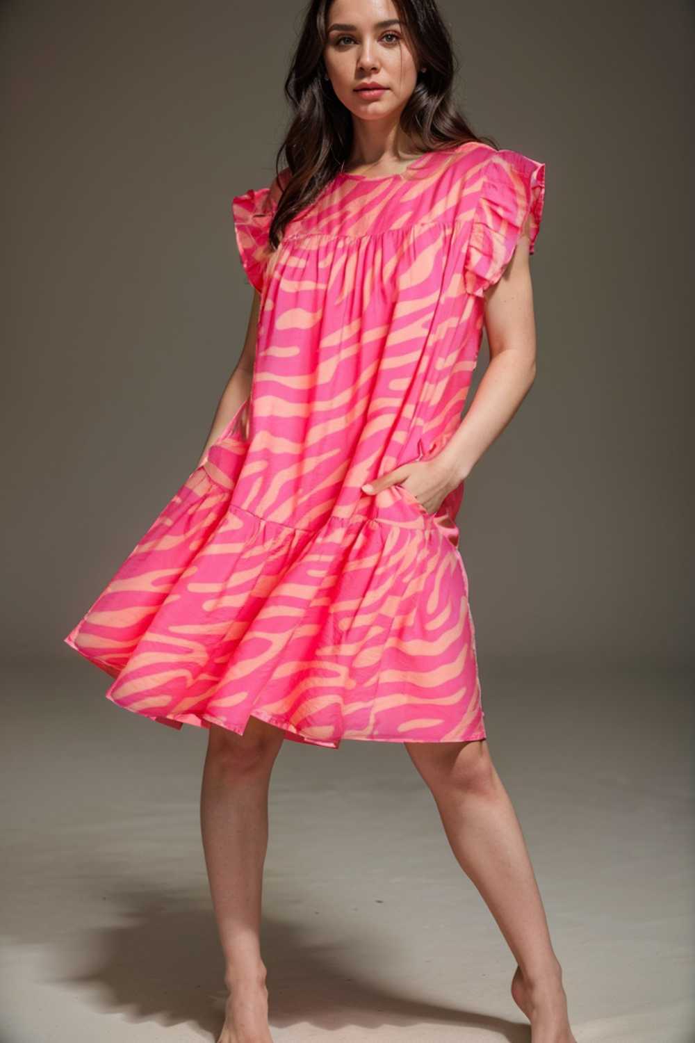sloping shoulder ruffle print dress 111099