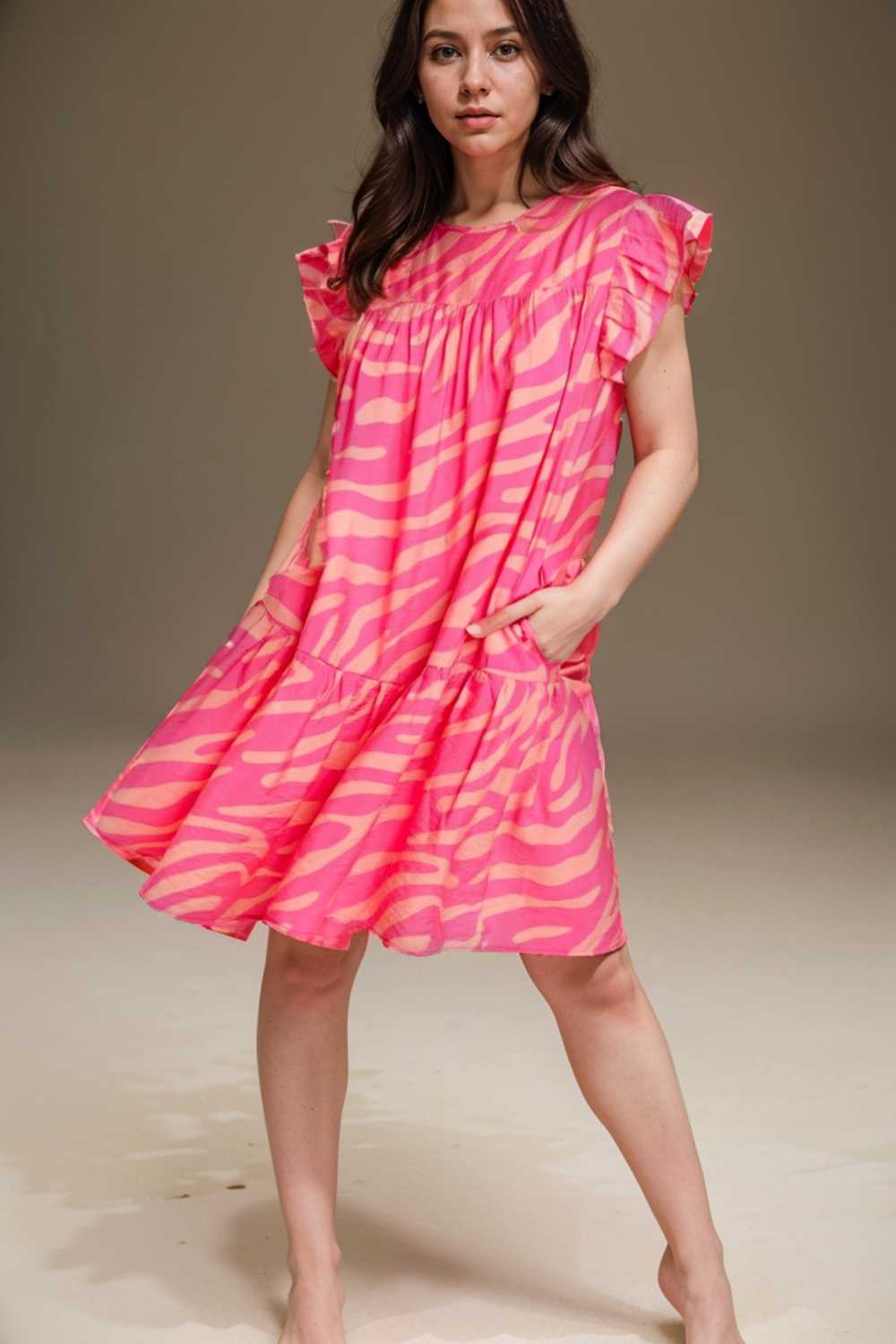 sloping shoulder ruffle print dress 112690