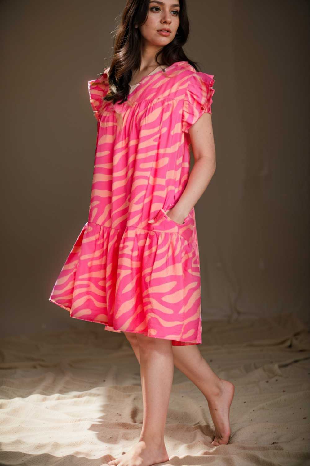 sloping shoulder ruffle print dress 112687