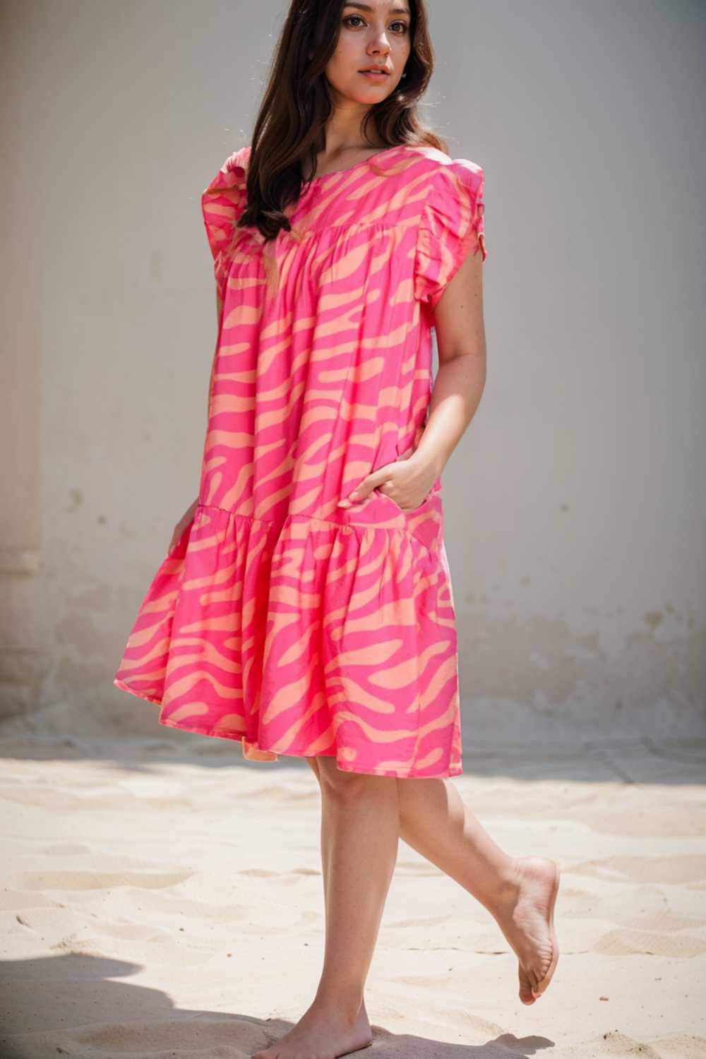 sloping shoulder ruffle print dress 112686