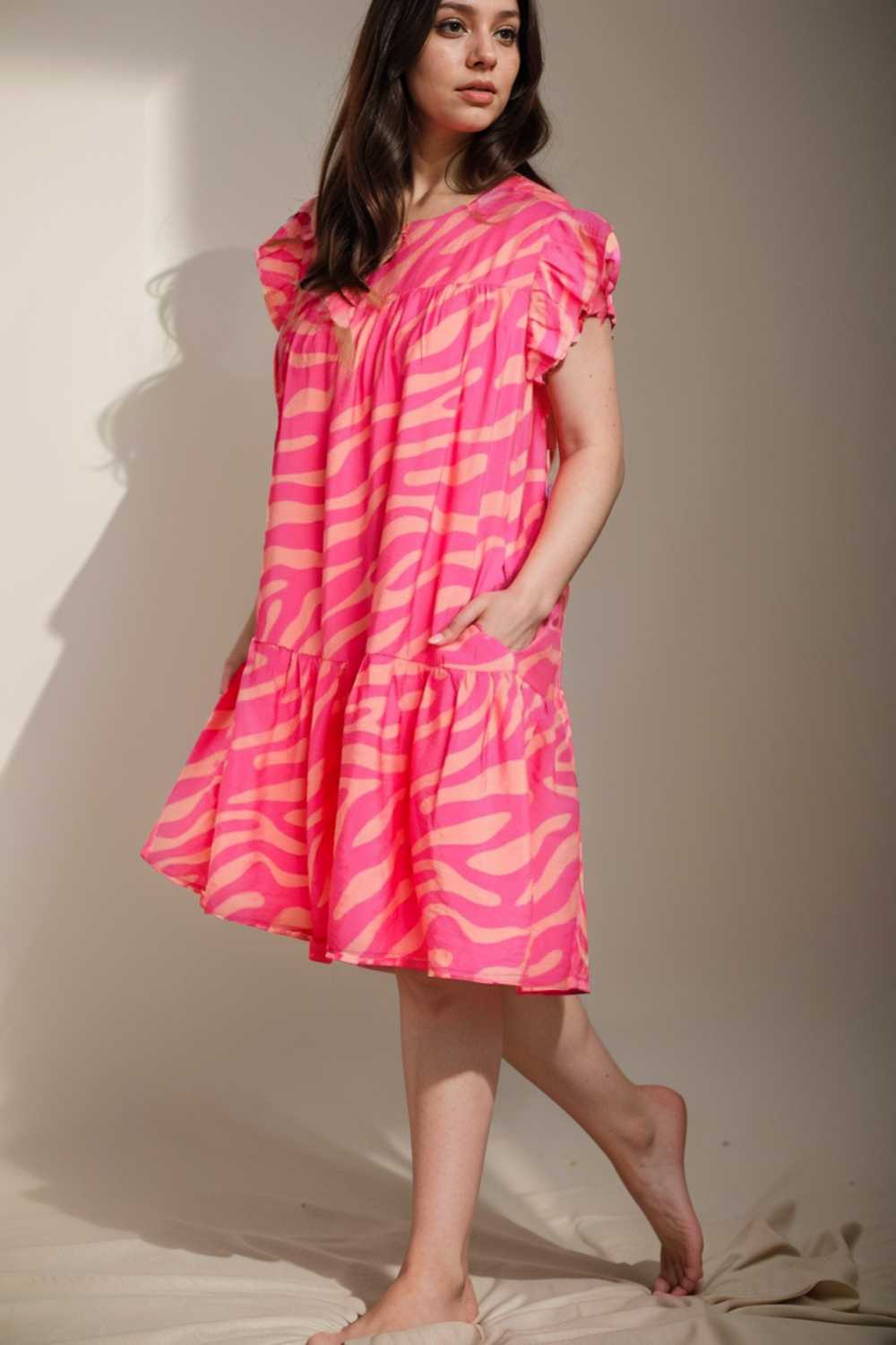 sloping shoulder ruffle print dress 112685