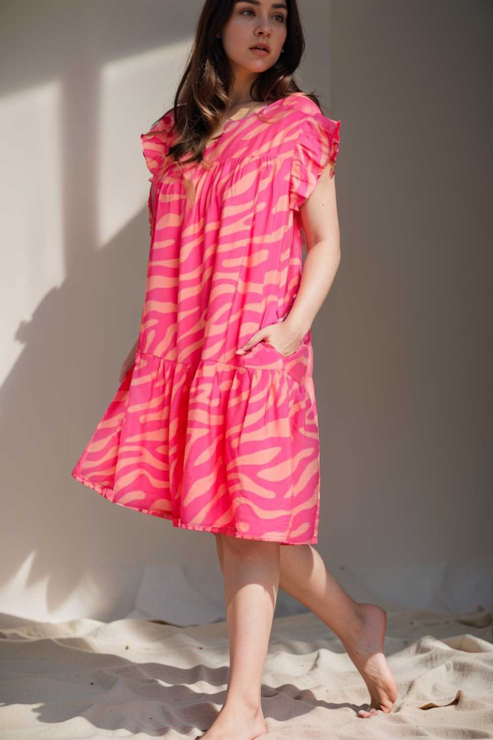 sloping shoulder ruffle print dress 107604