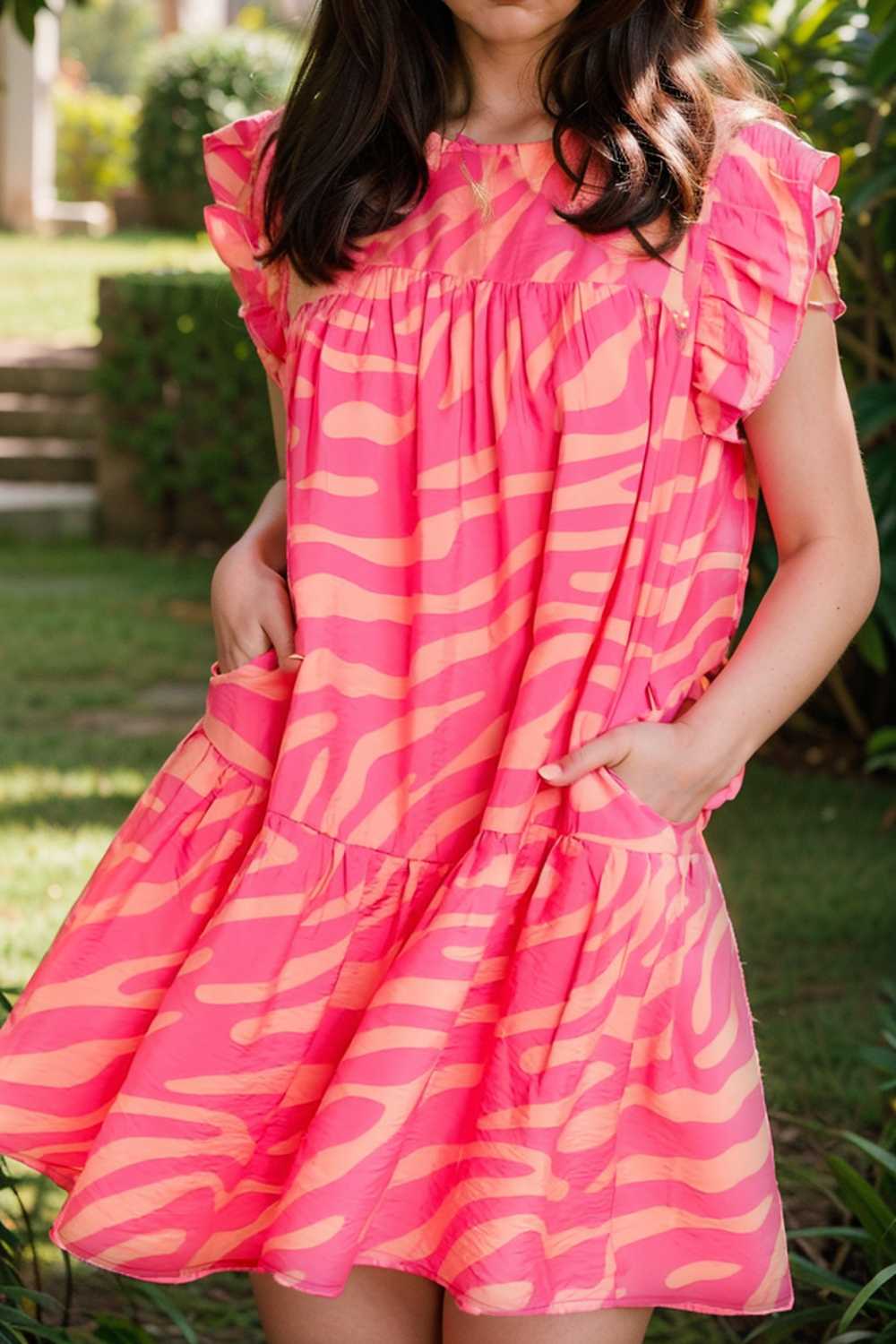 sloping shoulder ruffle print dress 112680