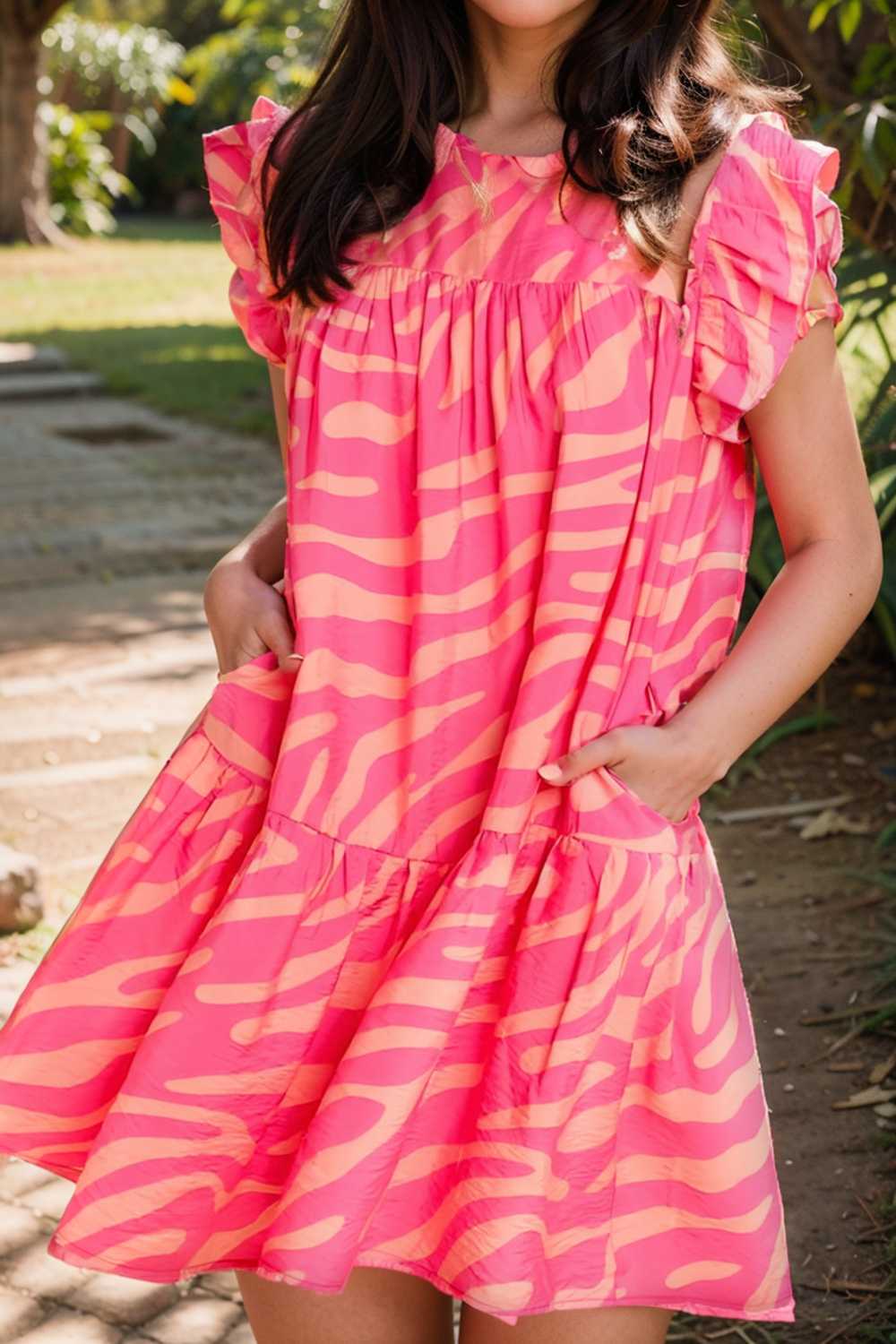 sloping shoulder ruffle print dress 112679