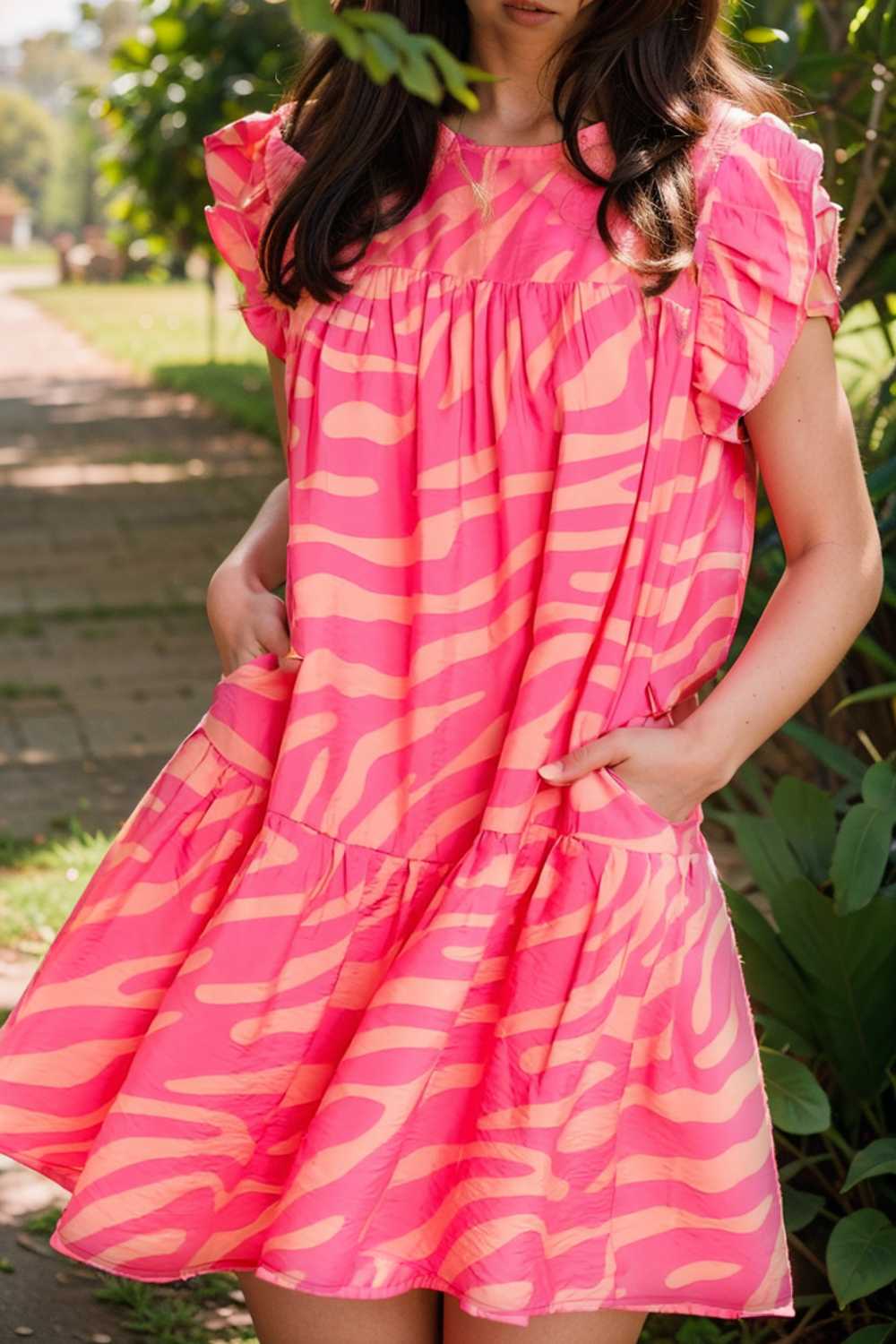 sloping shoulder ruffle print dress 112678