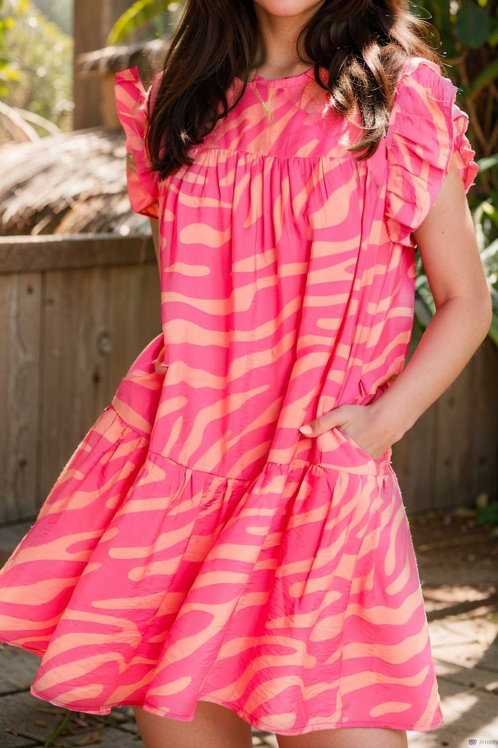 sloping shoulder ruffle print dress 107602