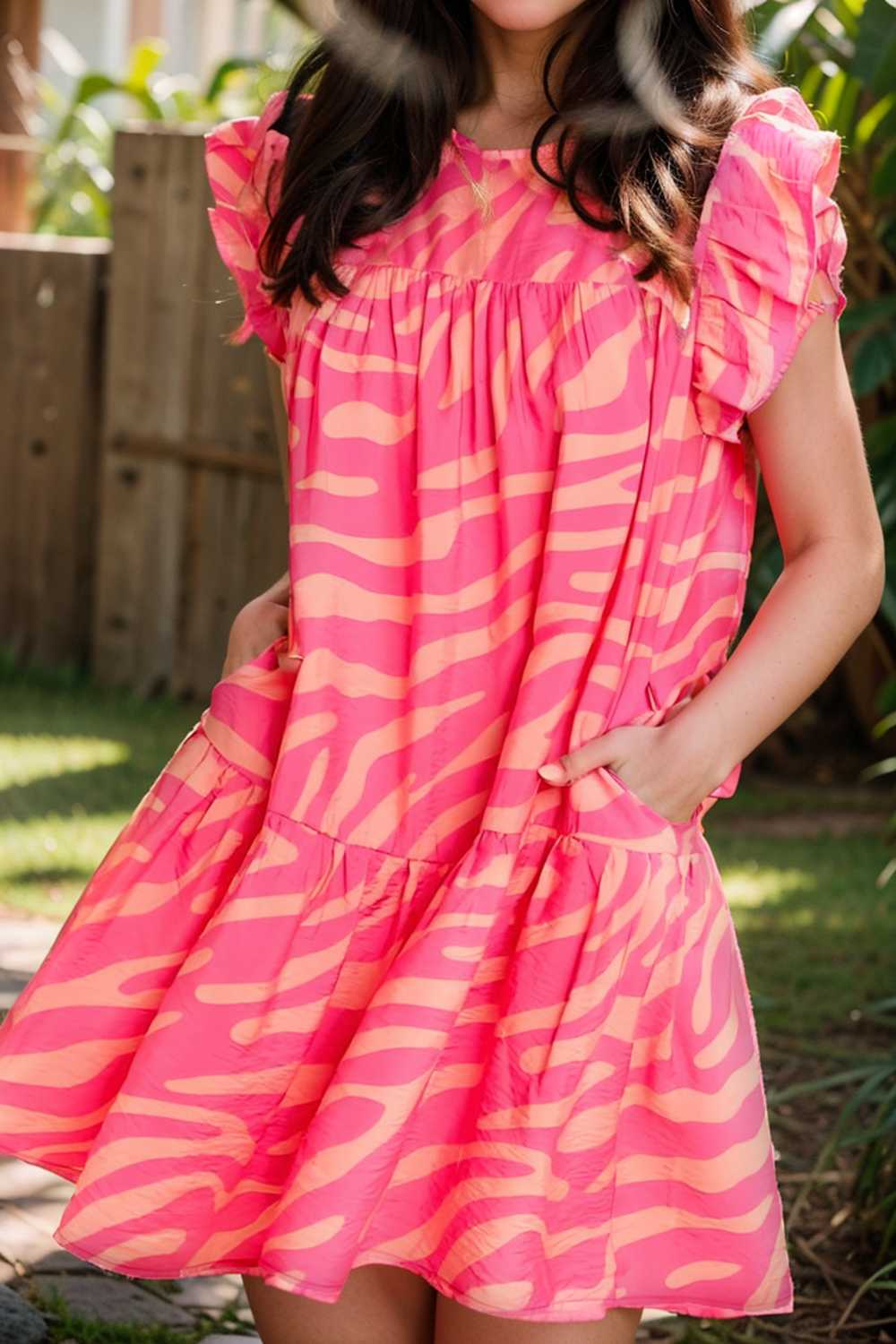 sloping shoulder ruffle print dress 107600