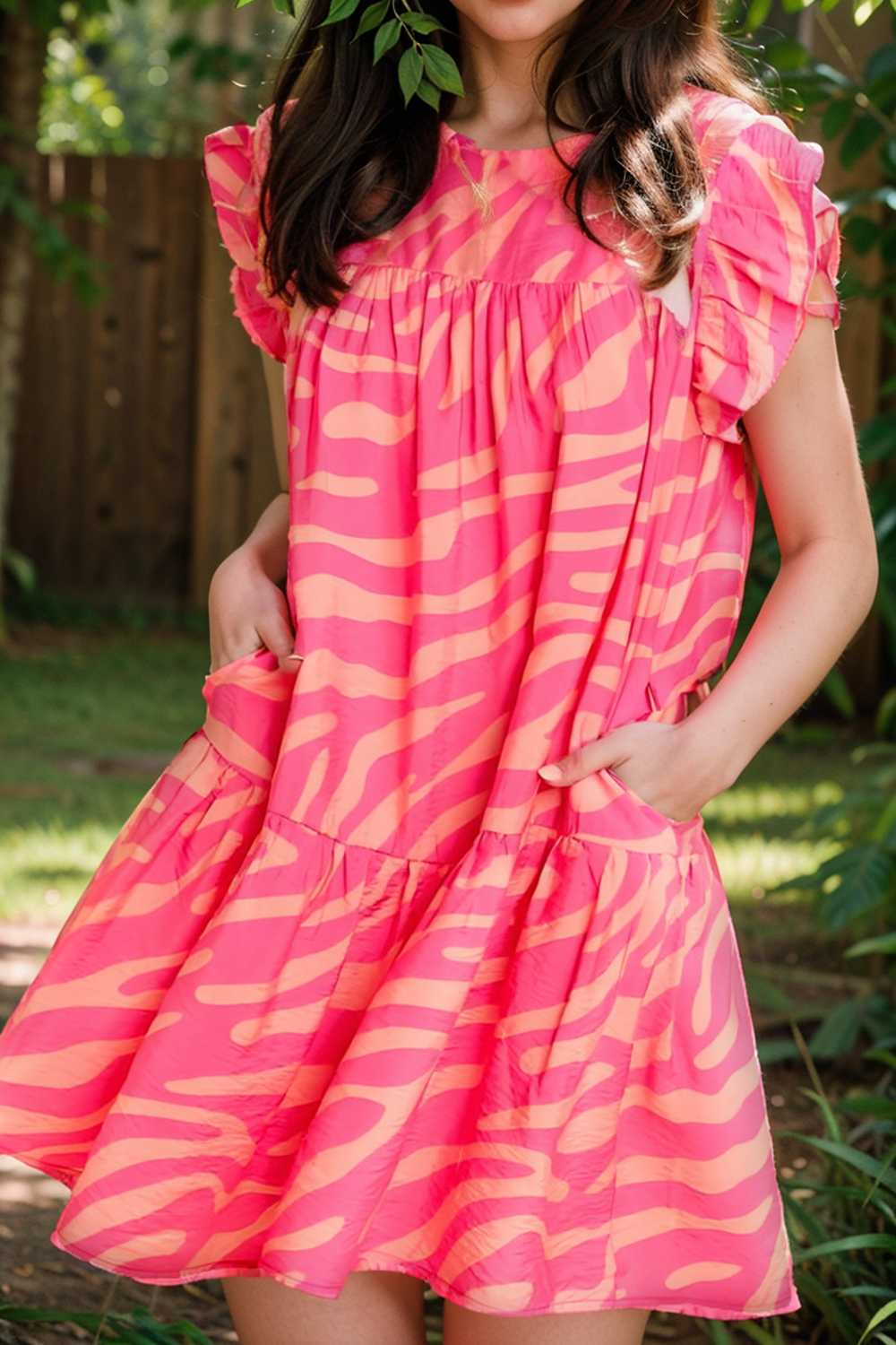 sloping shoulder ruffle print dress 107597
