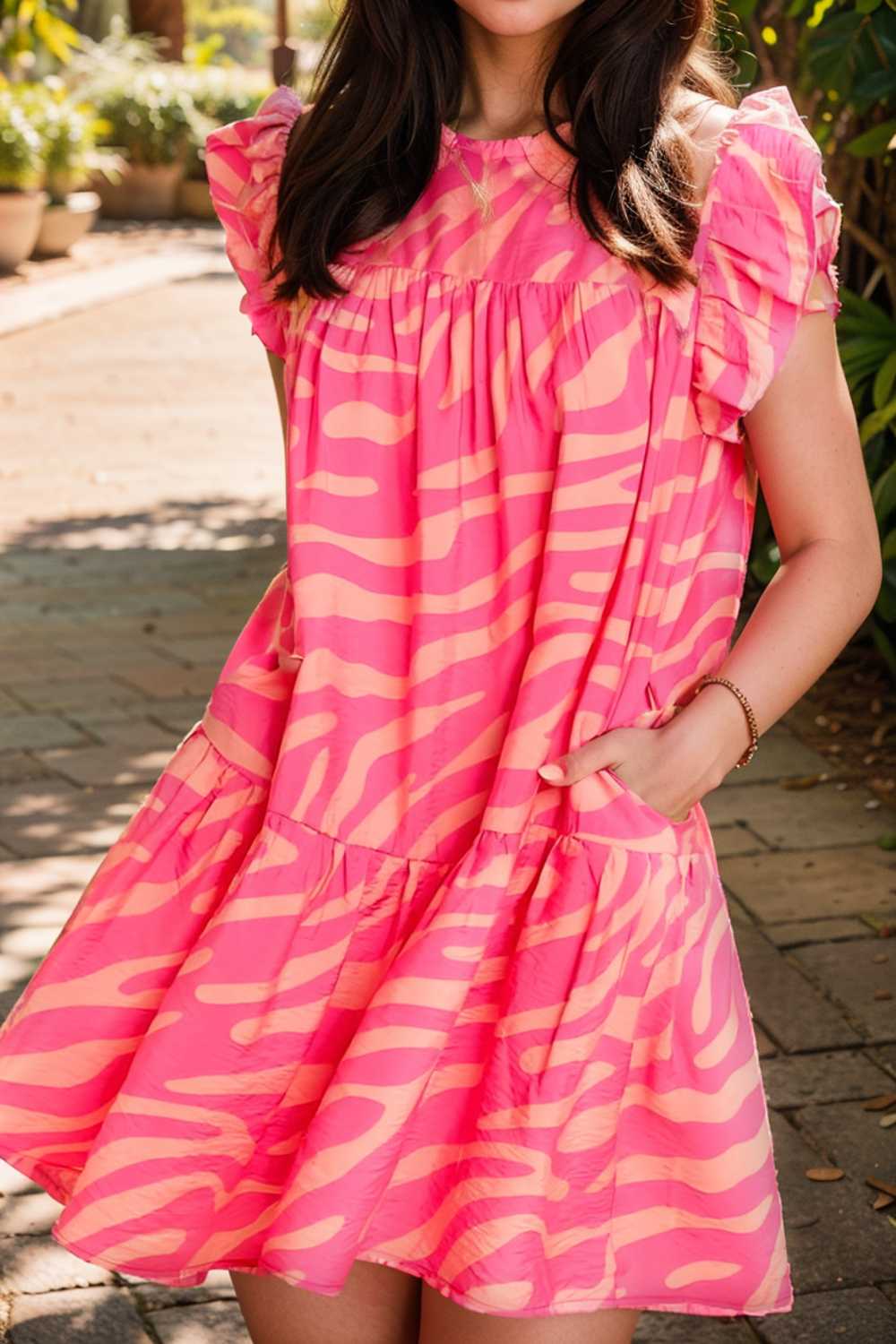 sloping shoulder ruffle print dress 107595