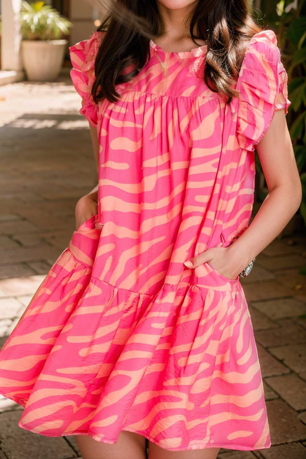 sloping shoulder ruffle print dress 107593