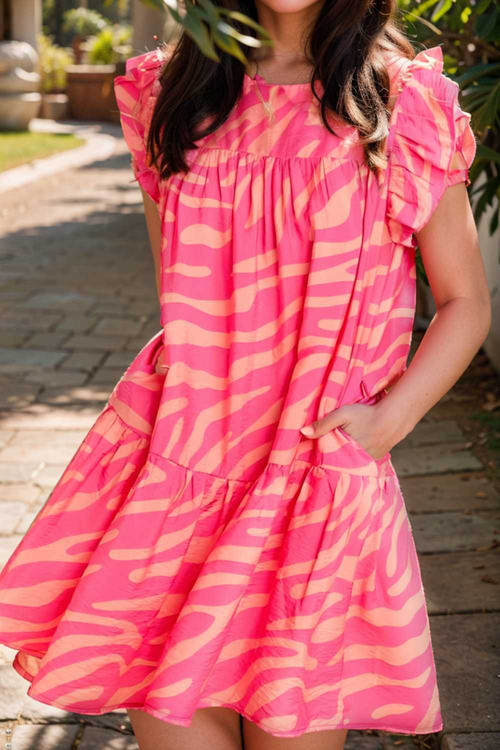 sloping shoulder ruffle print dress 107592