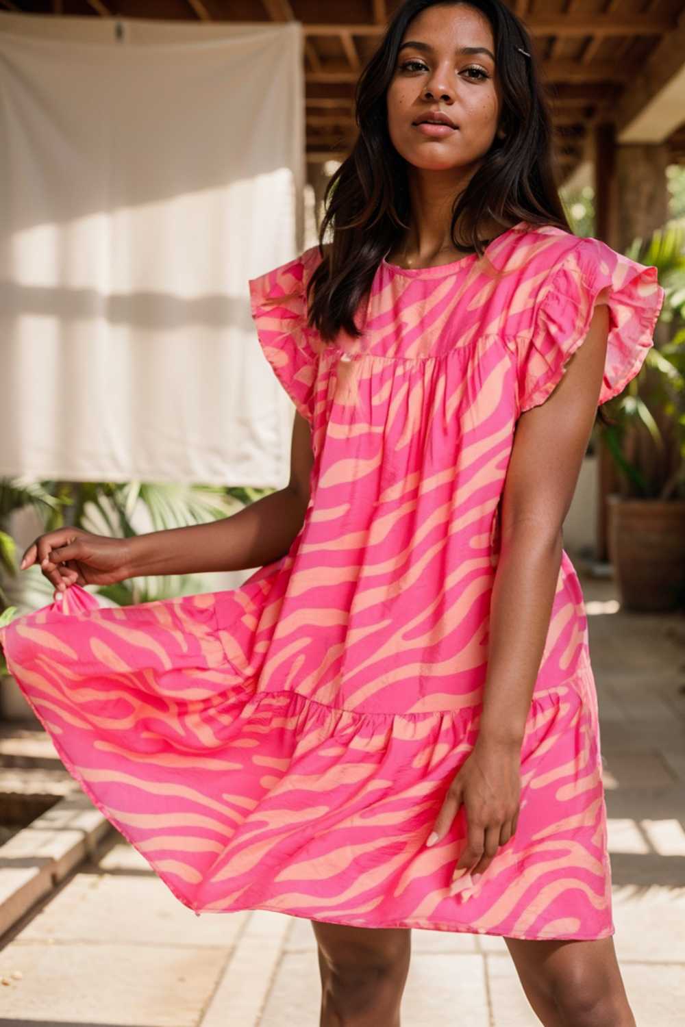 sloping shoulder ruffle print dress 112673