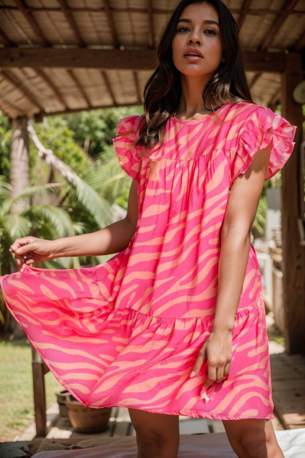 sloping shoulder ruffle print dress 107590