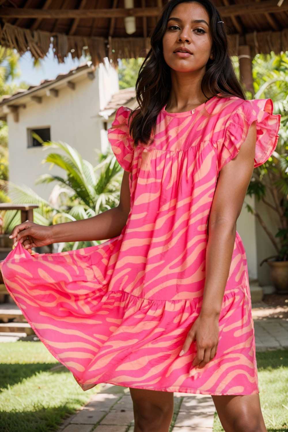 sloping shoulder ruffle print dress 112672