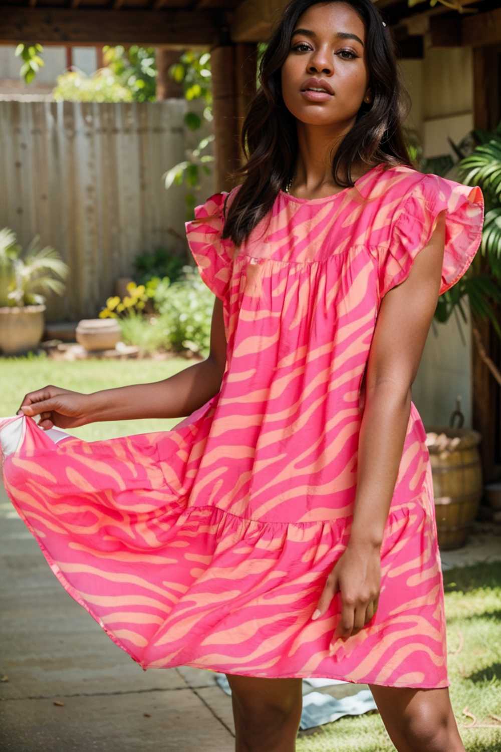 sloping shoulder ruffle print dress 107589