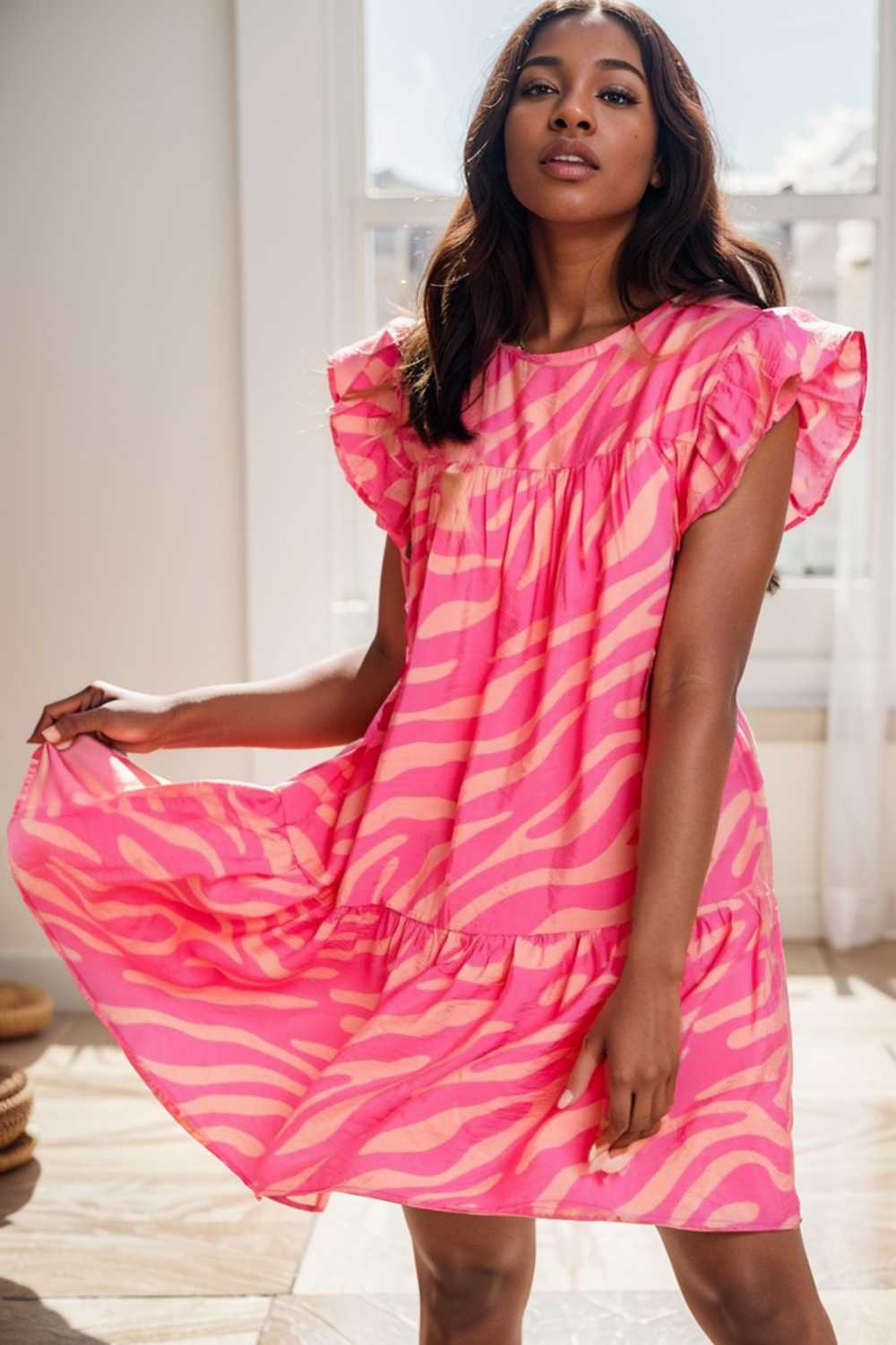 sloping shoulder ruffle print dress 107588