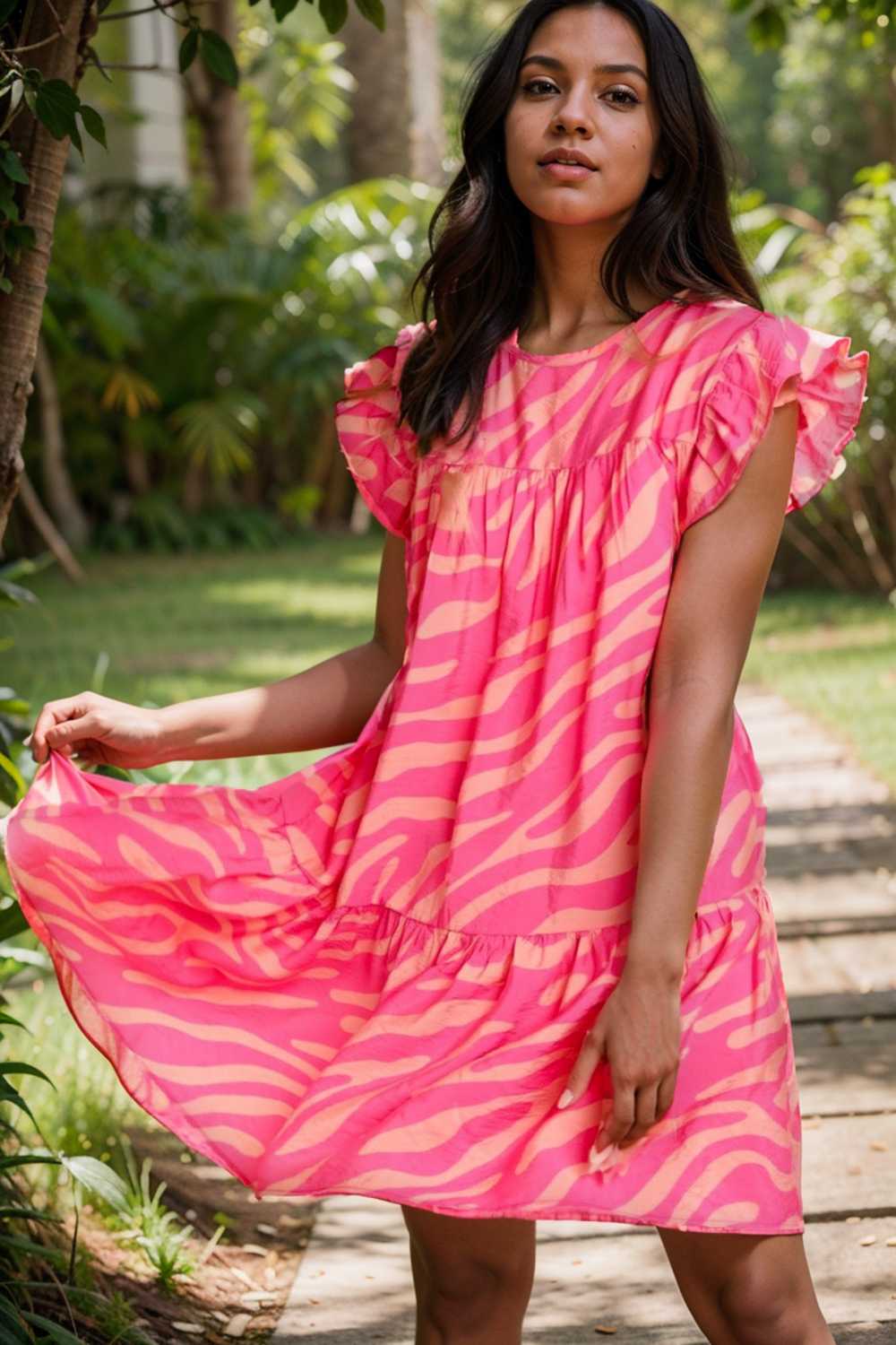 sloping shoulder ruffle print dress 112671