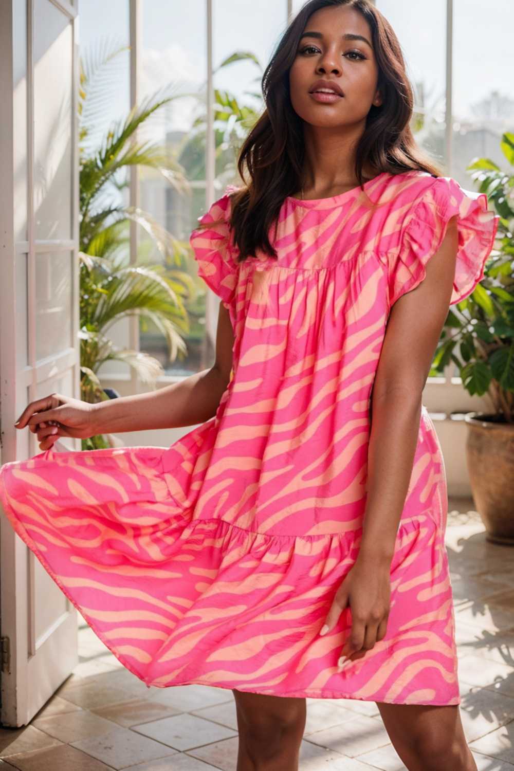 sloping shoulder ruffle print dress 107587