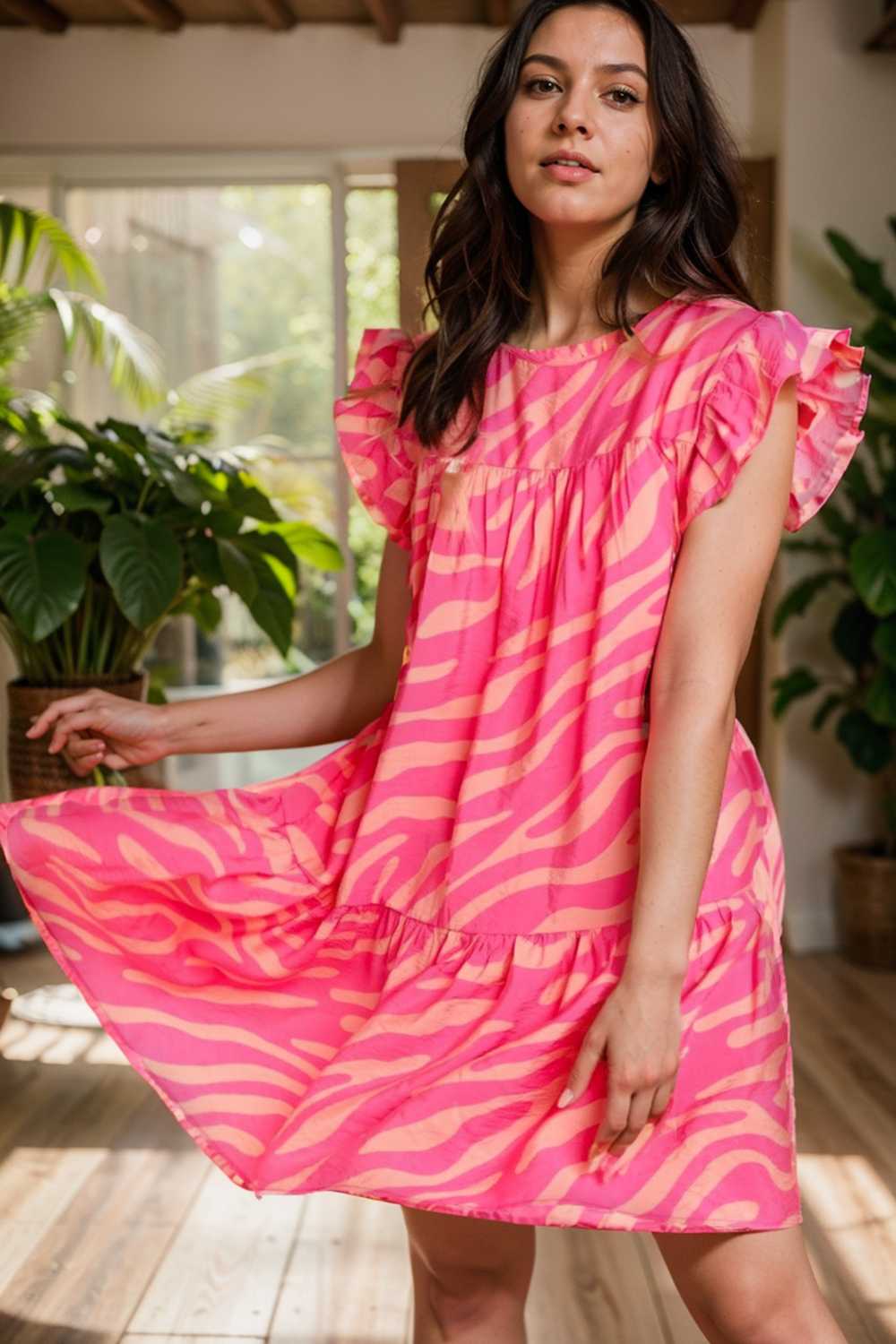 sloping shoulder ruffle print dress 112670
