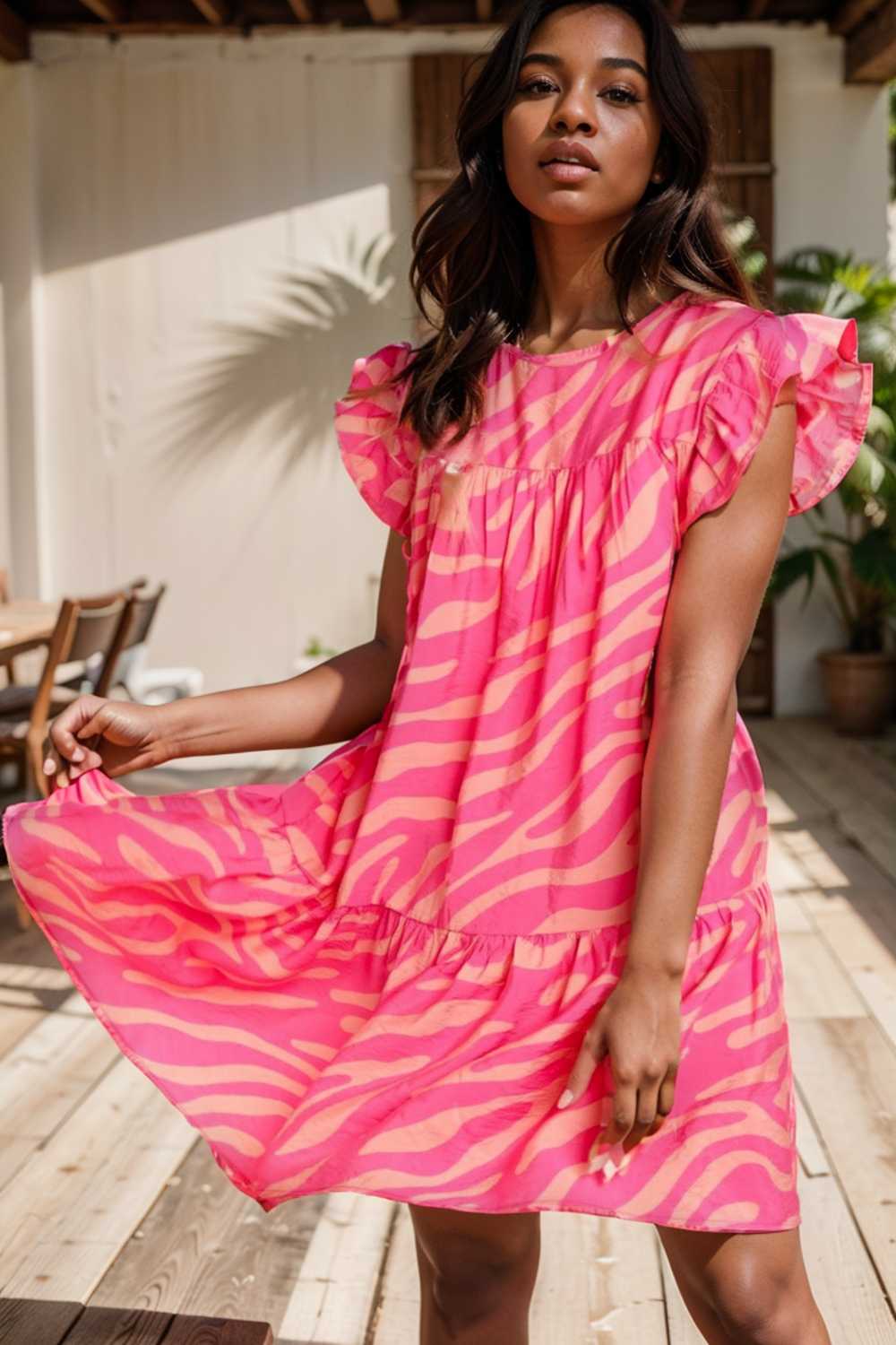 sloping shoulder ruffle print dress 107586