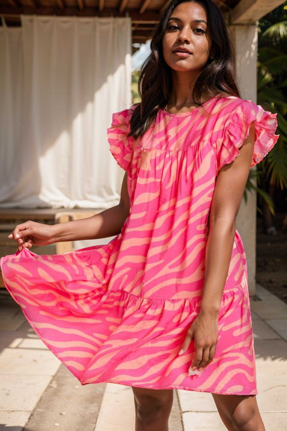 sloping shoulder ruffle print dress 112668