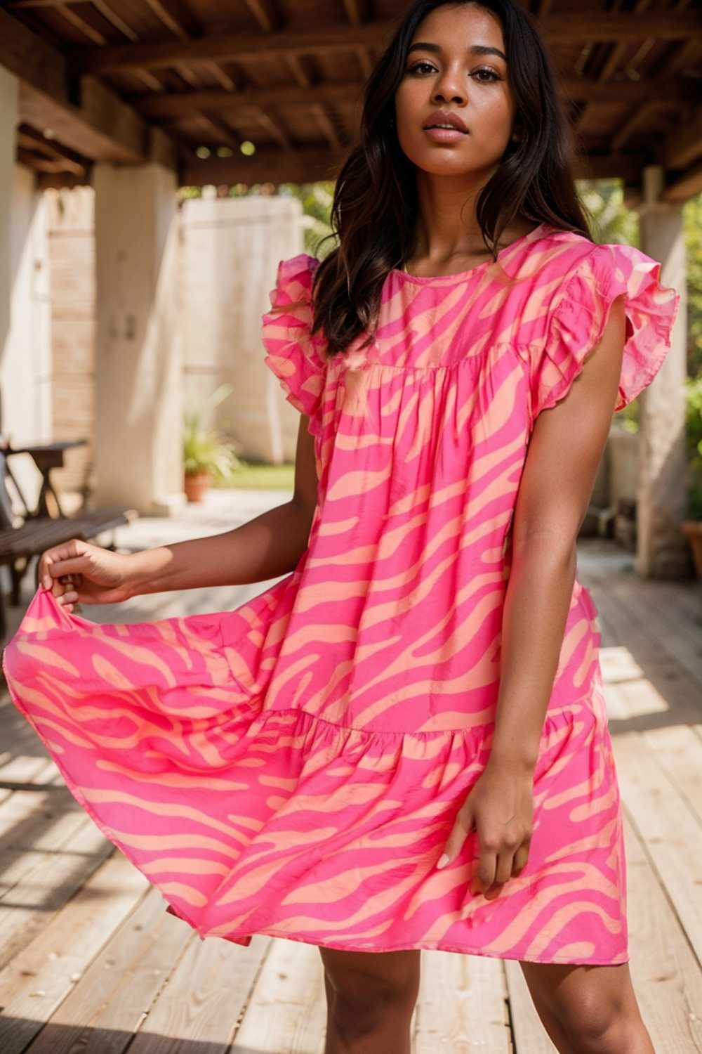 sloping shoulder ruffle print dress 107585
