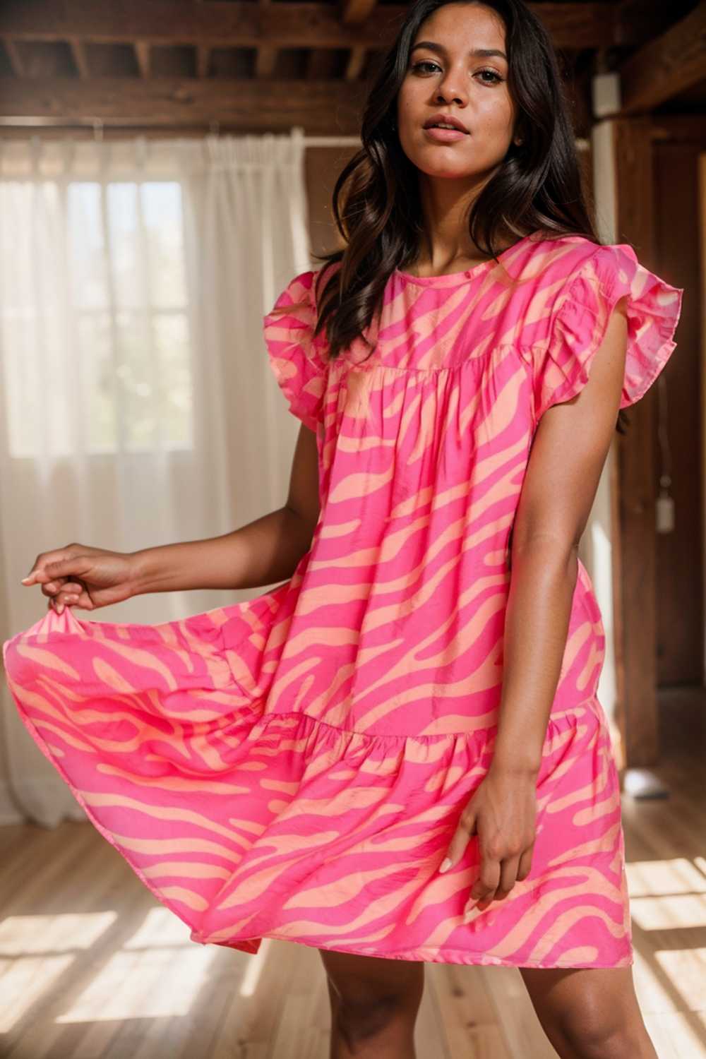 sloping shoulder ruffle print dress 112667