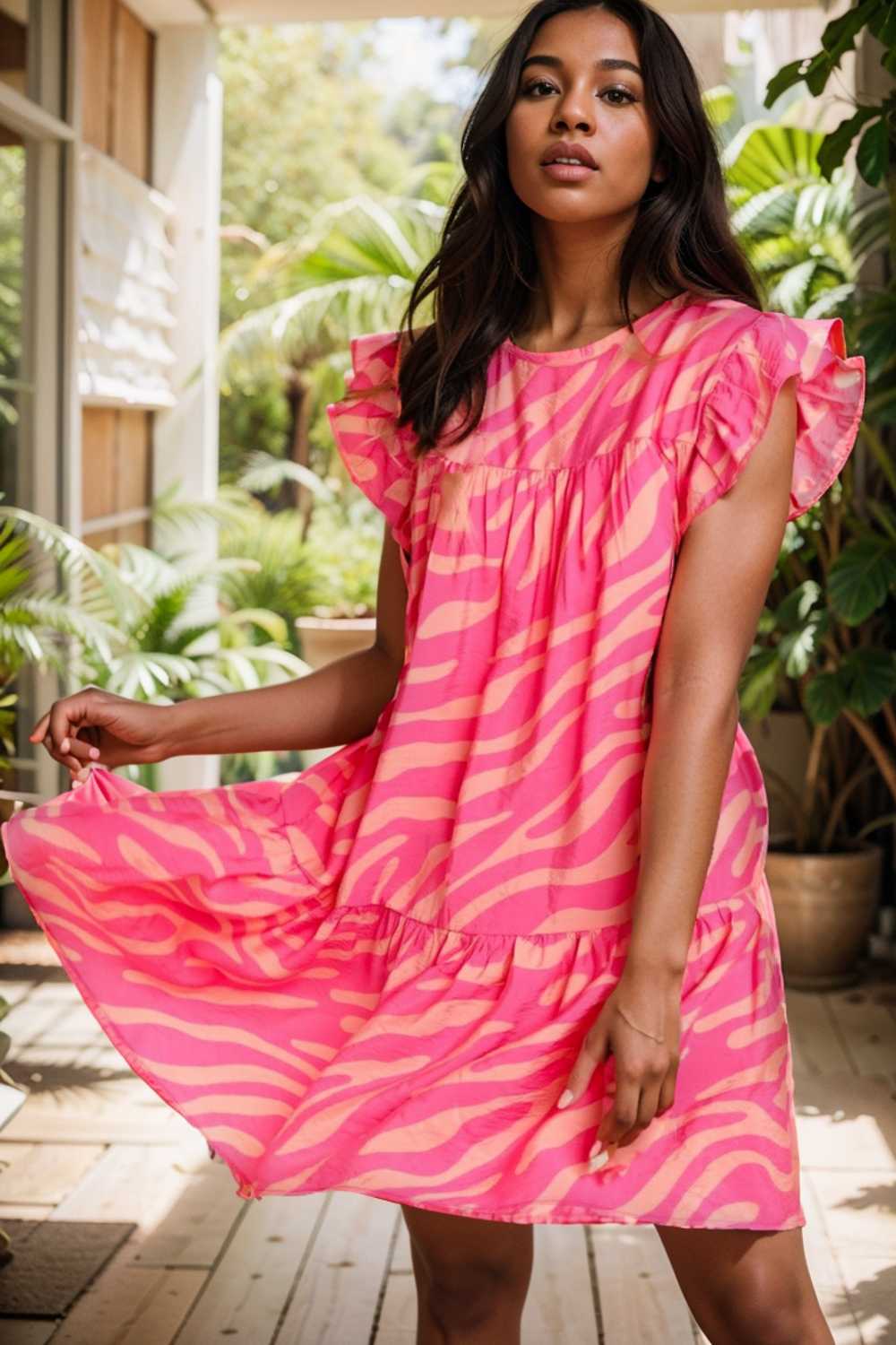 sloping shoulder ruffle print dress 107584