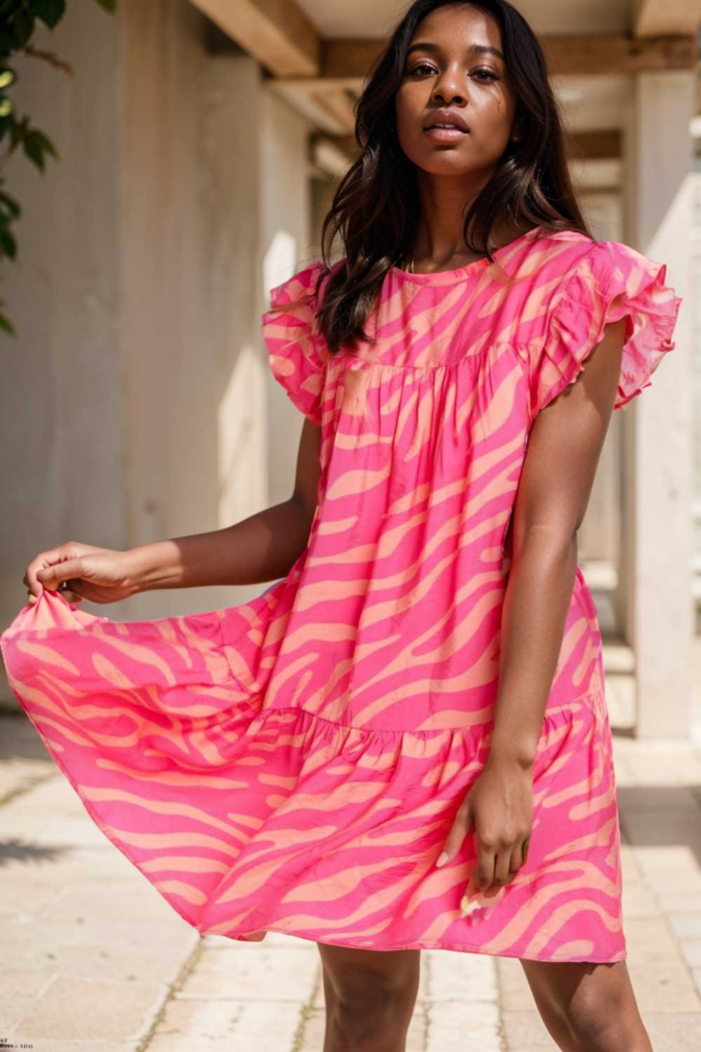 sloping shoulder ruffle print dress 107583