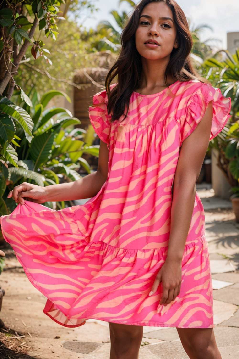 sloping shoulder ruffle print dress 112666
