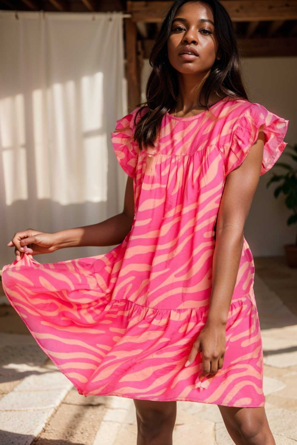 sloping shoulder ruffle print dress 107580