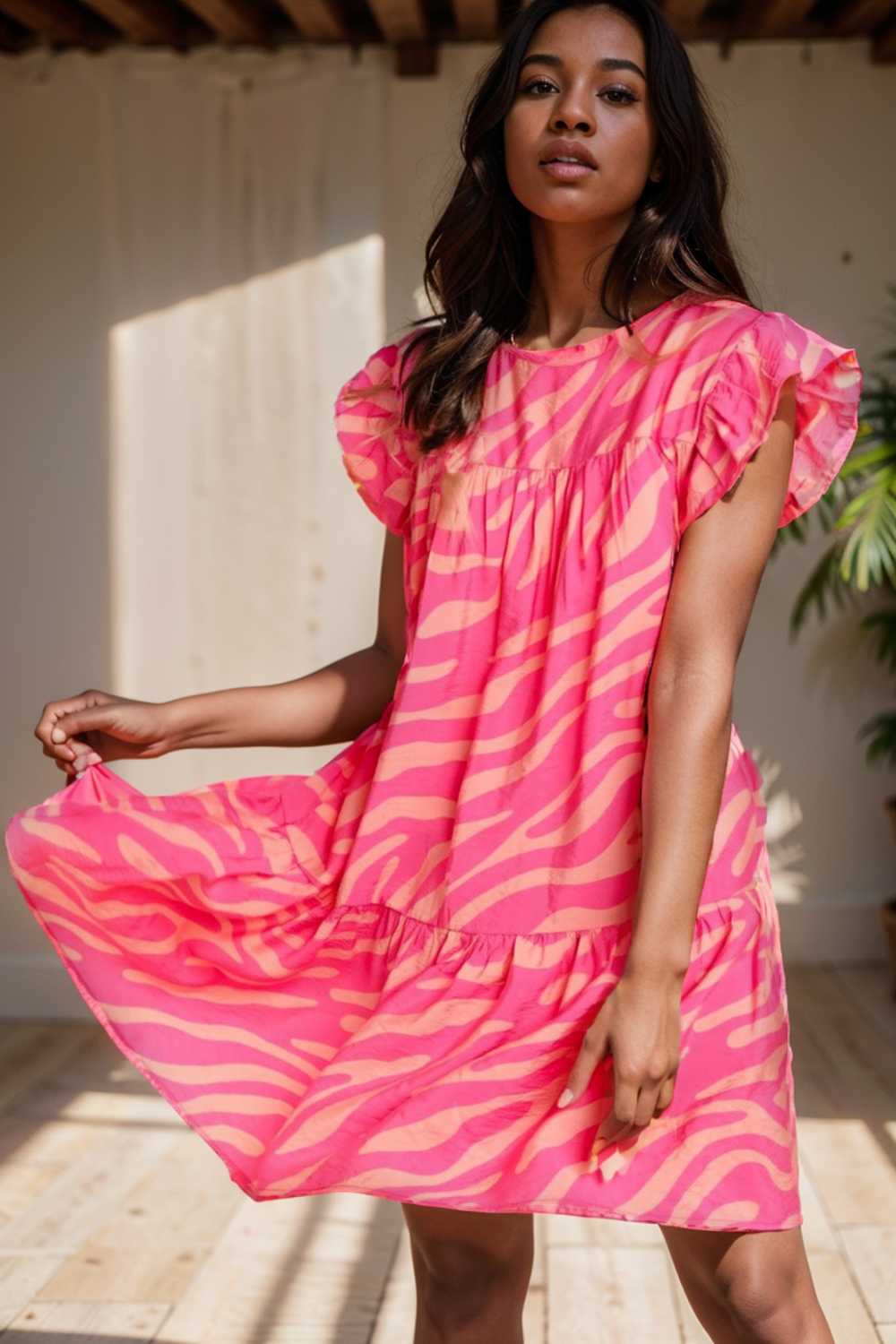 sloping shoulder ruffle print dress 107579