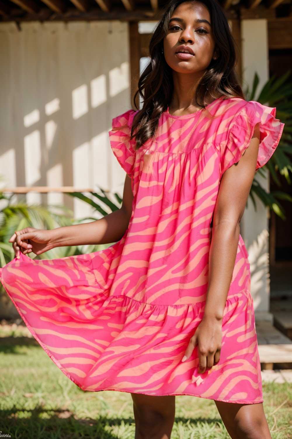 sloping shoulder ruffle print dress 107578