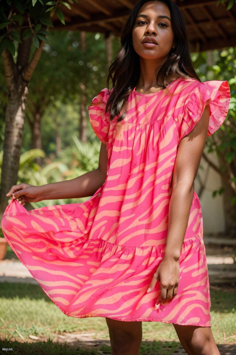 sloping shoulder ruffle print dress 107577