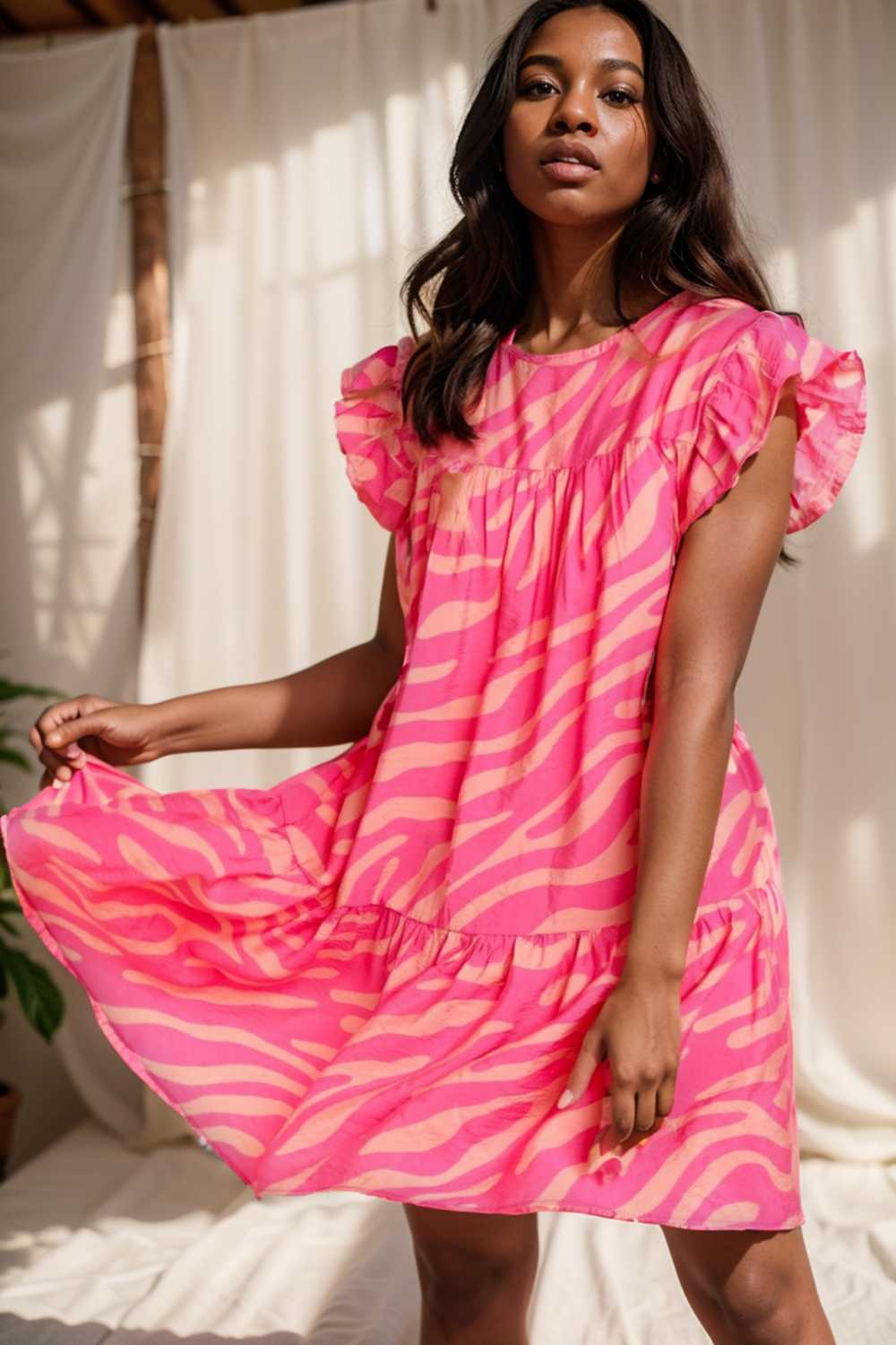 sloping shoulder ruffle print dress 107576