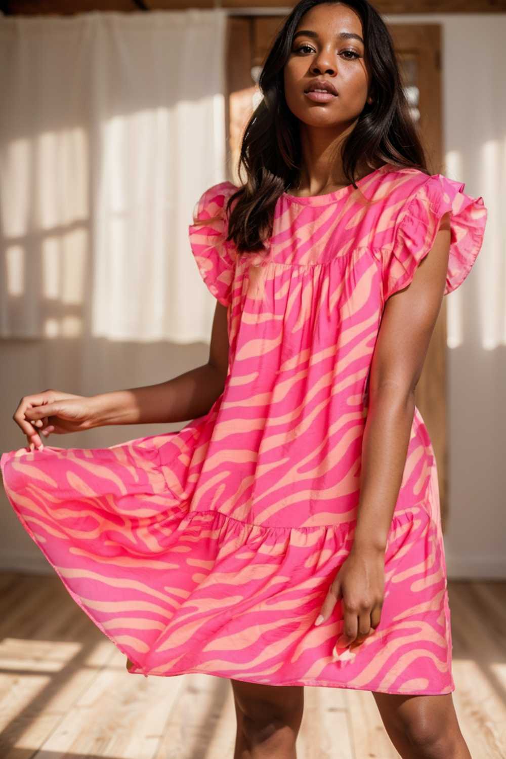 sloping shoulder ruffle print dress 107575