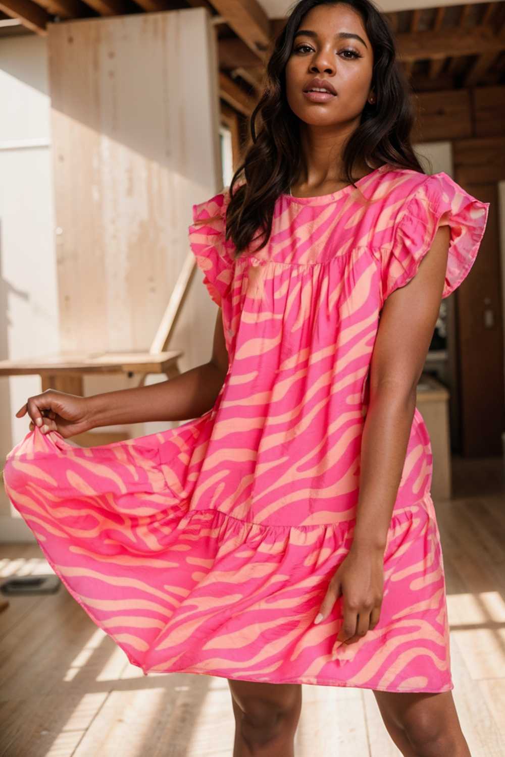sloping shoulder ruffle print dress 107574