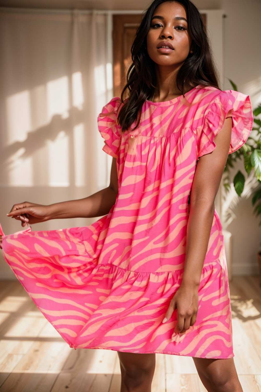 sloping shoulder ruffle print dress 107570