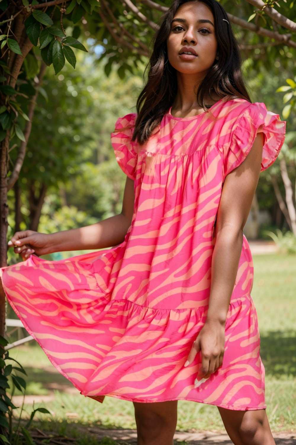 sloping shoulder ruffle print dress 107569