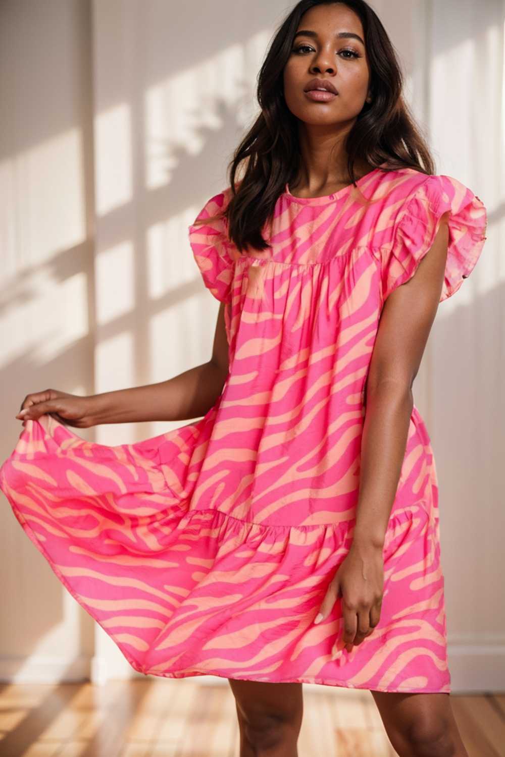 sloping shoulder ruffle print dress 107568
